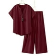 thumbnail image 1 of pstuiky Two Piece Sets for Women Summer Summer Solid Color Comfortable Sleepwear with Pants Comfy Loose Fit V-Neck Short Sleeve Pajamas Loungewear for Teens Wine S, 1 of 9