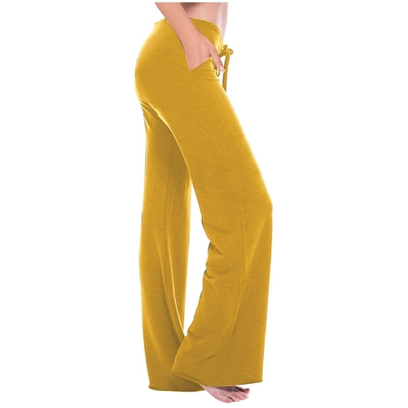 pstuiky Wide Leg Cargo Pants for Women,Women High Rise Yoga Leggings with Pockets Cargo Yoga Pants for Women Plus Size Drawstring Straight Leg Pants Yellow #6 M
