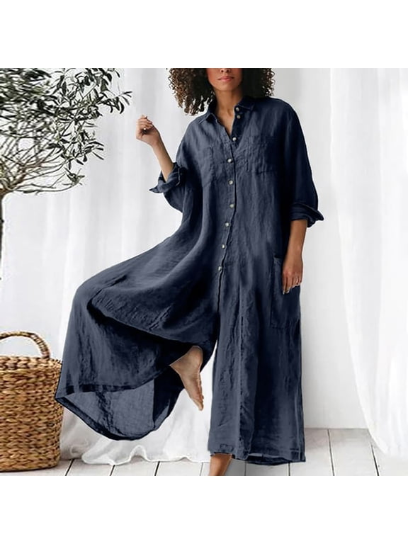 Wide Leg Jumpsuits for Women, Jumpsuits for Wome One Piece Jumpsuits for Women Rompers Long Sleeve Jumpsuit for Women Bib Overalls Women with Pockets Navy L