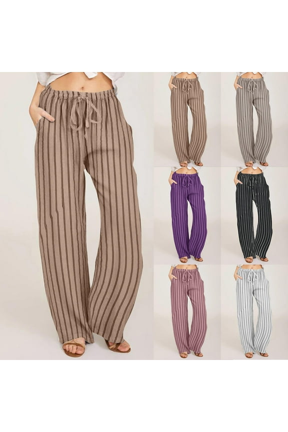 Wide Leg Pants, Cotton and Linen Solid Color Loose Long Linen Pants Drawstring Pants Basic Women's Pants Beige L