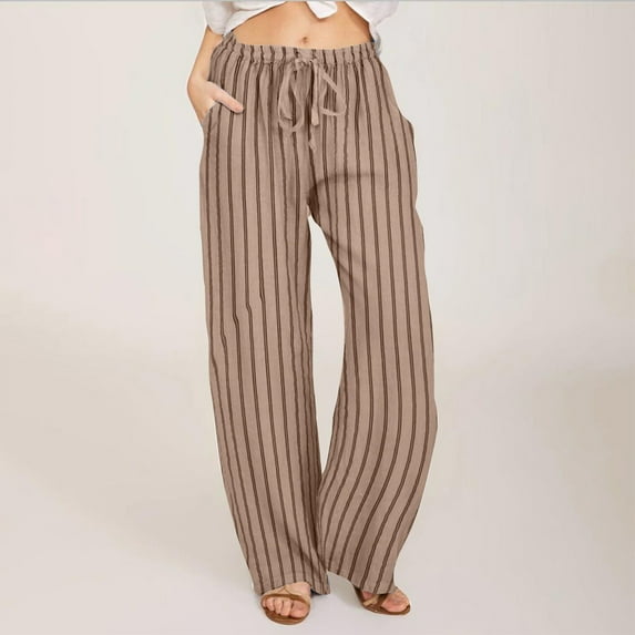 pstuiky Wide Leg Pants Women, Cotton and Linen Solid Color Loose Long Linen Pants Drawstring Outfits for Vacation Simple Women Pant Khaki L
