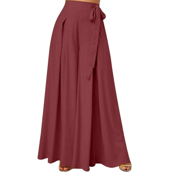 pstuiky Wide Leg Pants Women, Solid Color Loose Long Plus Size Pants High Waisted Trousers Classic Fit Women Pant Wine M