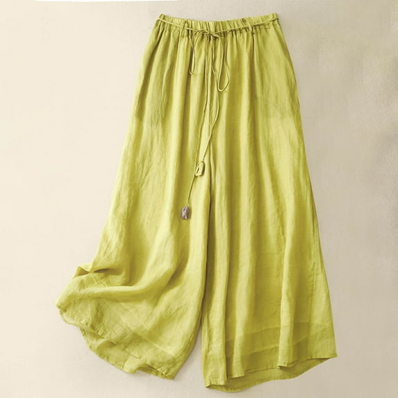 pstuiky Wide Leg Pants for Women, Cotton and Linen Solid Color Loose Long Linen Pants Trousers Athletic Activewear for Women Yellow XXL