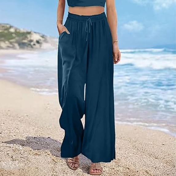 pstuiky Wide Leg Pants for Women, Solid Color Loose Long Palazzo Pants Trousers with Pockets Athletic Workout Clothes Sky Blue XL