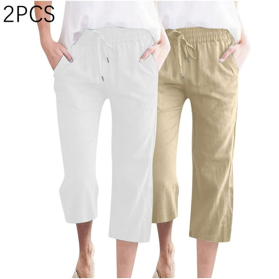 pstuiky Wide Leg Sweatpants Women, 2PC Cotton and Linen Solid Color Loose Cropped Straight Leg Drawstring Trousers with Pockets Relaxed Fit Women's Pants White L