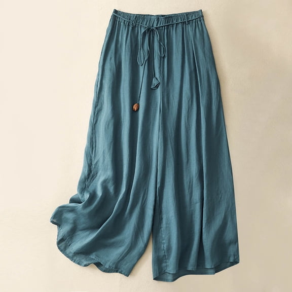 pstuiky Wide Leg Sweatpants Women, Cotton and Linen Solid Color Loose Long Linen Pants Trousers Relaxed Fit Womens Workout Pants Blue M