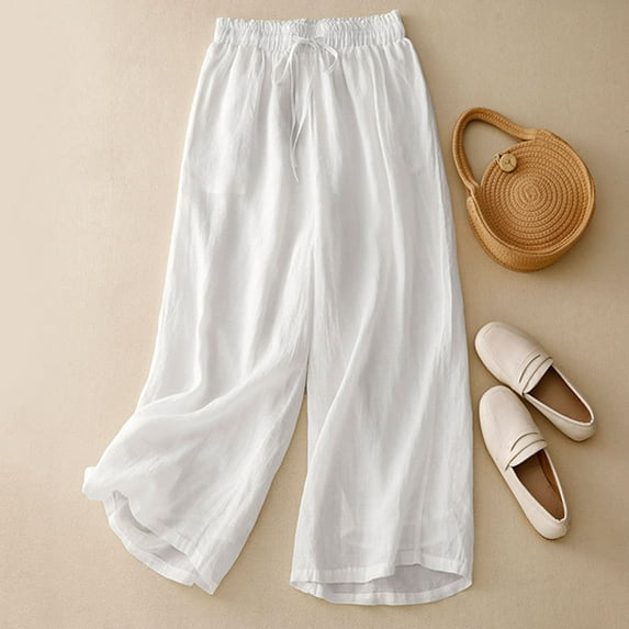 pstuiky Wide Leg Trousers Women, Cotton and Linen Solid Color Casual Cropped Plus Size Pants Pants with Pockets Relaxed Fit Gym Pants Women White XL