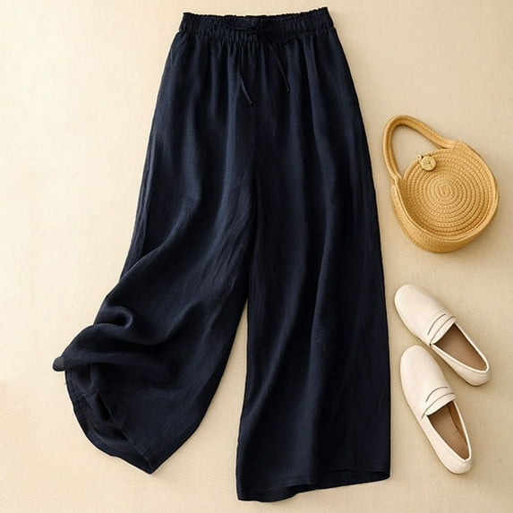 pstuiky Wide Leg Trousers Women, Cotton and Linen Solid Color Casual Cropped Plus Size Pants Trousers with Pockets Trendy Womens Workout Pants Holiday Gifts Dark Blue XXL