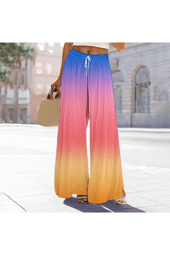Wide Leg Trousers Women, Gradient Print Loose Long Palazzo Pants Trousers with Pockets Oversized Womens Pants Holiday Gifts Pink M