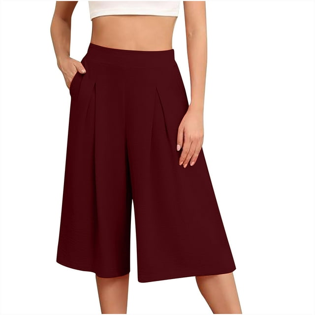 pstuiky Wide Leg Trousers Women, Solid Color Loose Cropped Palazzo Pants High Waisted Trousers with Pockets Simple Women Pant Summer Savings Wine M