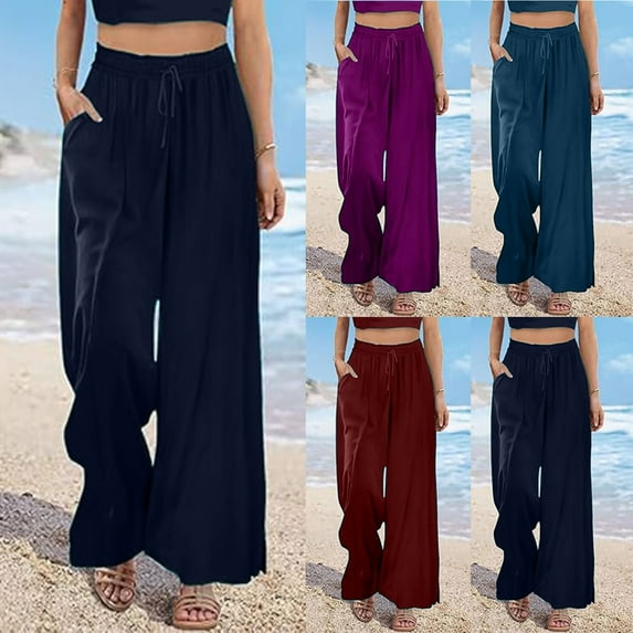 pstuiky Wide Leg Trousers Women, Solid Color Loose Long Palazzo Pants Outfits for Vacation with Pockets Athletic Workout Pants Navy L