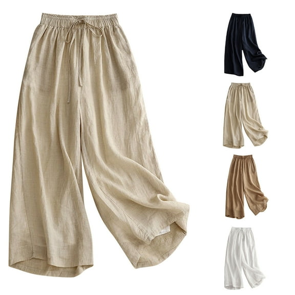 pstuiky Wide Leg Yoga Pants for Women, Cotton and Linen Solid Color Casual Cropped Plus Size Pants Pants with Pockets Athletic Activewear for Women Beige L