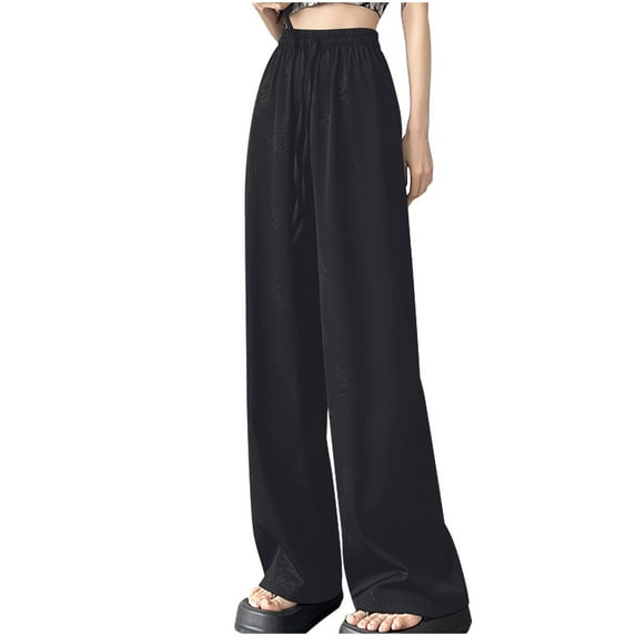 pstuiky Wide Leg Yoga Pants, Women Solid Color High Waist Baggy Pants Business Loose Flowy Plus Size Lounge Trousers Cargo Pants Gift for Women Black XL