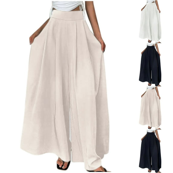 pstuiky Wide Legged Pants, Solid Color Loose Long Palazzo Pants High Waisted Outfits for Vacation Summer Womens Pants Holiday Gifts Beige L