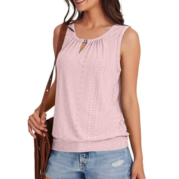 pstuiky Woman Tank Top, Womens Solid Keyhole V Neck Tank Top Summer Loose Fit Embroidered Eyelet Design Casual Comfortable Breathable Sleeveless Blouse Womens Summer Tops Up To 65% Off Pink M