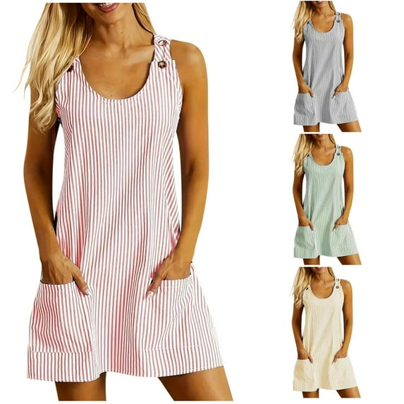 pstuiky Women Dress, Striped Casual Dresses Midi Dress Dressy Sleeveless Crew Neck Evening Dresses for Women with Pockets Army Green L