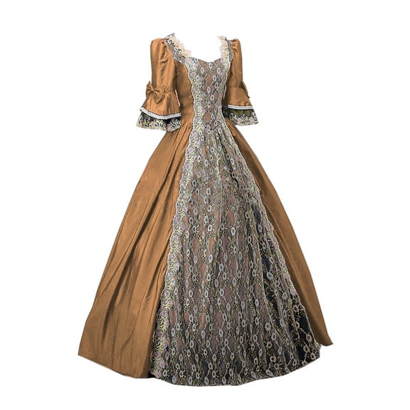 pstuiky Women Dresses, Women's Lolita Dress Large Hem Pommel Skirt Ruffled Lace Princess Skirt Short Sleeve Square Neck Dress Leisure Coffee XL