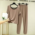 thumbnail image 1 of pstuiky Women Pajama Sets Fashion Solid Color Breathable Pajama Sets with Pants Summer Loose Fit Crew Neck Short Sleeve Sleepwear Khaki 2XL, 1 of 4