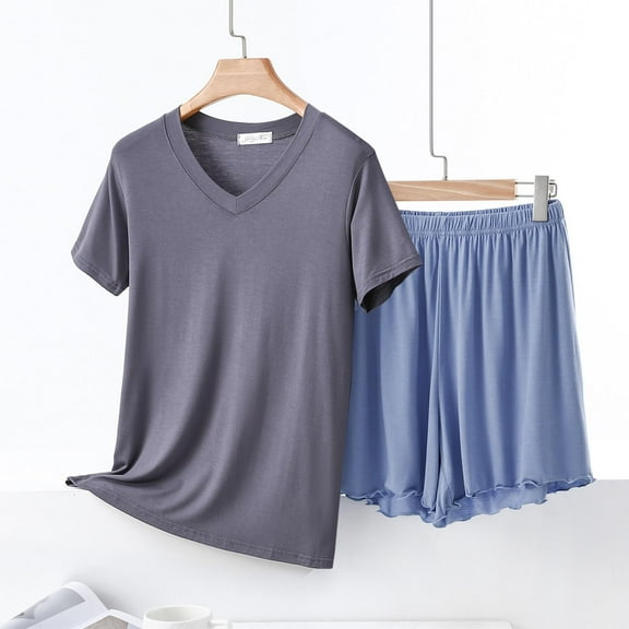 pstuiky Women Pajama Sets Fashion Solid Color Lace 2 Piece Sleepwear Leisure Loose Fit V-Neck Short Sleeve Pajama Sets with Shorts Plus Size Sleepwear Blue XL