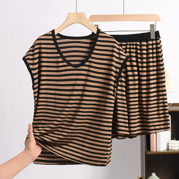 pstuiky Women Pajama Sets Oversized Solid Color Comfortable Pajamas Set Leisure Loose Fit Crew Neck Sleeveless Sleepwear with Shorts Loungewear for Teens Coffee 2XL