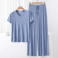 thumbnail image 1 of pstuiky Women Pajama Sets Oversized Solid Color Lace Pajama Sets with Pants Summer Loose Fit V-Neck Short Sleeve Sleepwear Deals of the Week Clearance Light Blue M, 1 of 4