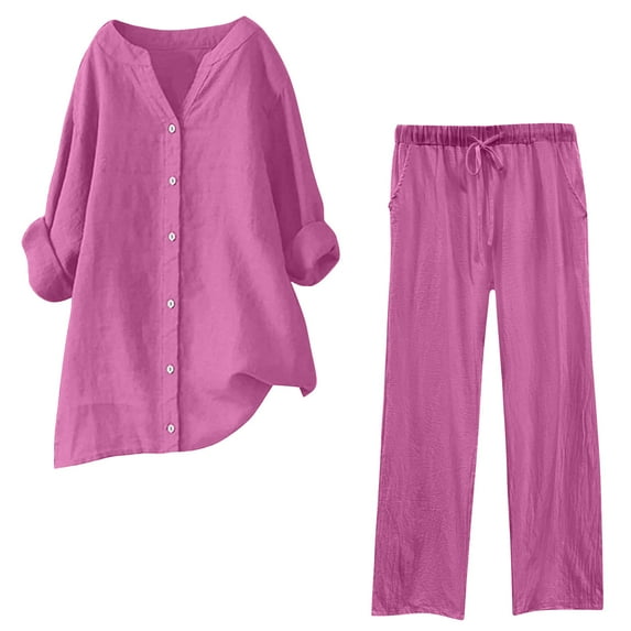 pstuiky Women Pajama Sets Plus Size Solid Color Comfortable Pajama Sets with Pants Leisure Loose Fit V-Neck Long Sleeve Sleepwear Plus Size Sleepwear Pink 4XL