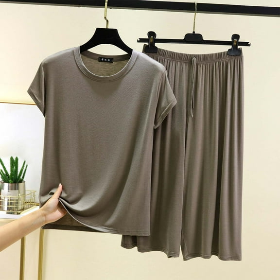 pstuiky Women Pajama Sets Summer Solid Color Comfortable Pajama Set Casual Loose Fit Crew Neck Short Sleeve Sleepwear with Shorts Summer Pjs Green XL