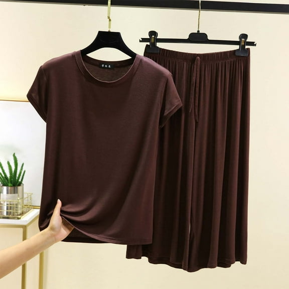 pstuiky Women'S Pajama Sets Fashion Solid Color Comfortable Lounge Sets Leisure Loose Fit Crew Neck Short Sleeve Pajama Sets with Shorts Coffee M