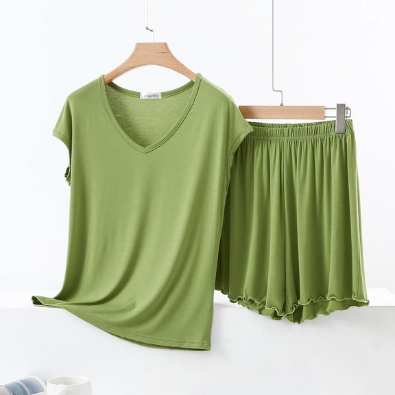 pstuiky Women'S Pajama Sets Fashion Solid Color Lightweight Pajamas Sets Summer Loose Fit V-Neck Short Sleeve Sleepwear with Shorts Green M