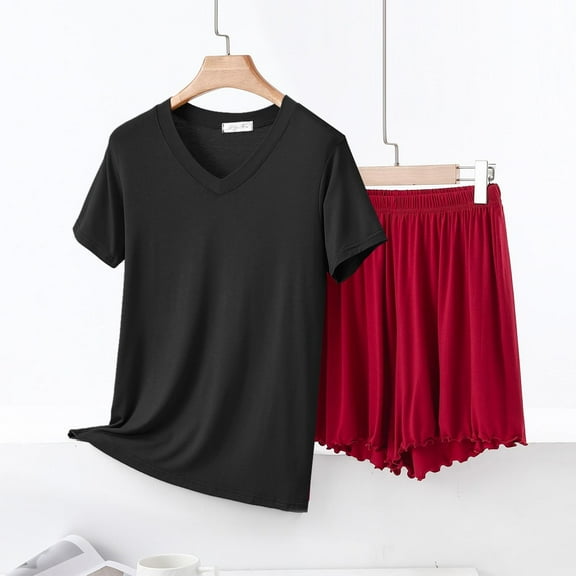 pstuiky Women'S Pajama Sets Oversized Solid Color Lace 2 Piece Sleepwear Casual Loose Fit V-Neck Short Sleeve Pajama Sets with Shorts Red 2XL