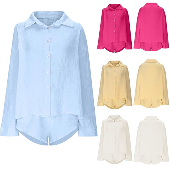 pstuiky Women'S Pajama Sets Summer Solid Color Lightweight Lounge Sets Leisure Loose Fit V-Neck Long Sleeve Pajama Sets with Shorts Loungewear for Teens Hot Pink S