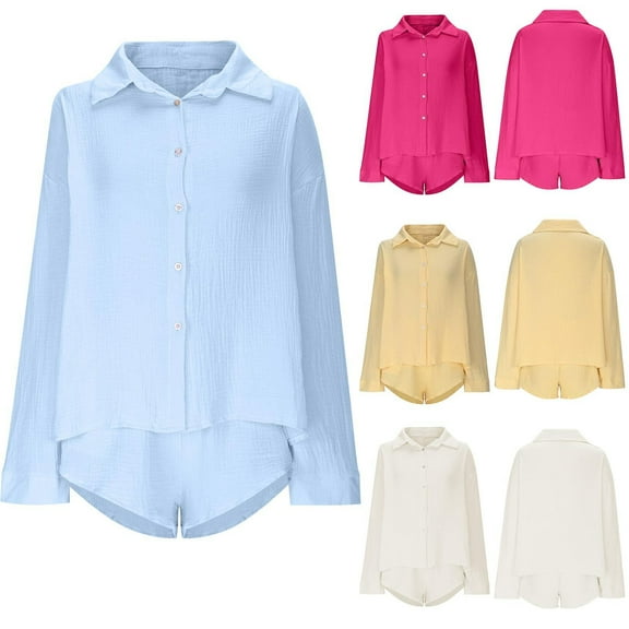 pstuiky Women'S Pajama Sets Summer Solid Color Lightweight Lounge Sets Leisure Loose Fit V-Neck Long Sleeve Pajama Sets with Shorts Loungewear for Teens Hot Pink S