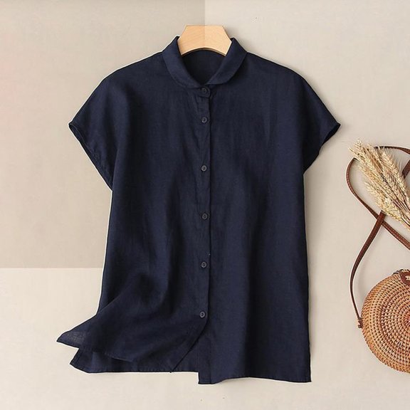 pstuiky Women'S Top Cotton and Linen Solid Color V-Neck Linen Tops for Women Summer Leisure Loose Fit Short Sleeve Tie Front T Shirts Navy XL