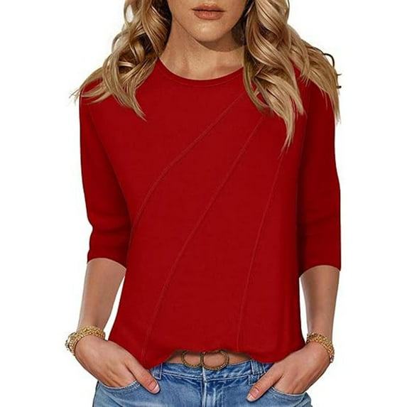 pstuiky Women Shirts Fashion Crew Neck 3/4 Sleeve Ladies Tops Business Casual Loose Fit Solid Color Athletic Shirts Work Blouses for Women