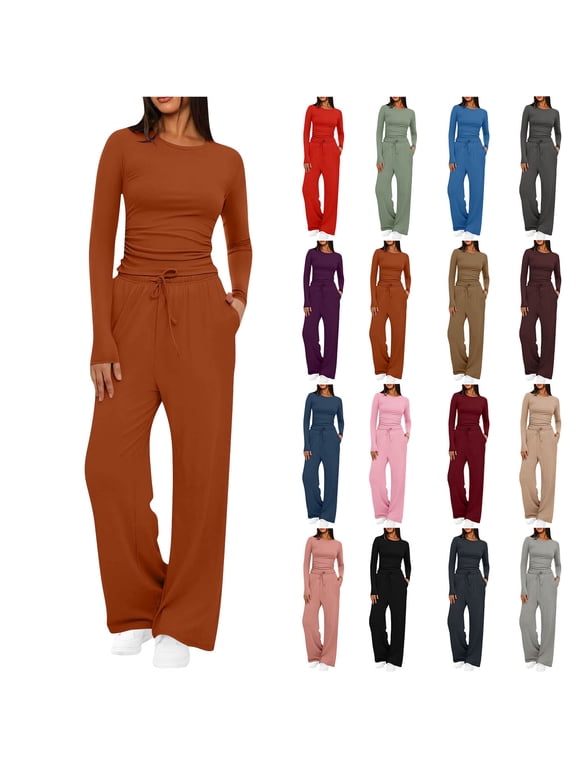Women's 2 Piece Lounge Set Women Crew Neck Long Sleeve Ruched Top and Drawstring Elastic Waist Wide Leg Pants with Pockets Solid Comfy Lounge Set for Fall Outfits