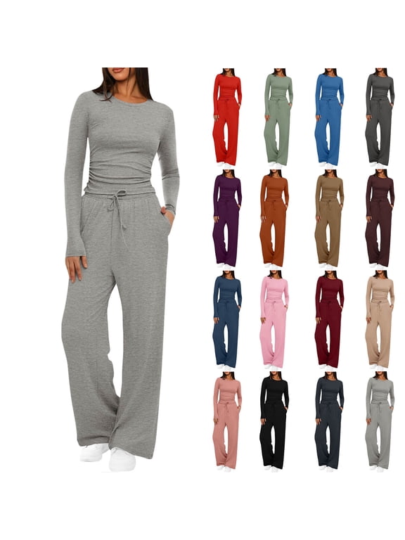 Women's 2 Piece Lounge Set Women Crew Neck Long Sleeve Ruched Top and Drawstring Elastic Waist Wide Leg Pants with Pockets Solid Comfy Lounge Set for Fall Outfits