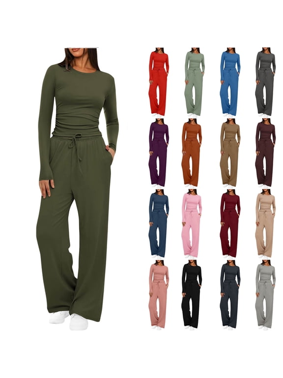 Women's 2 Piece Lounge Set Women Crew Neck Long Sleeve Ruched Top and Drawstring Elastic Waist Wide Leg Pants with Pockets Solid Comfy Lounge Set for Fall Outfits