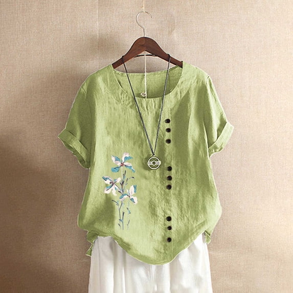 pstuiky Women's Fashion Summer Round Neck Leisure Short Sleeve Printed Buttons Tops