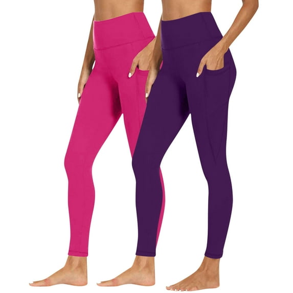 pstuiky Women's Leggings, 2PC Solid Color Athletic Long Seamless Hip Lifting Trousers with Pockets Athletic Womens Trousers Purple M