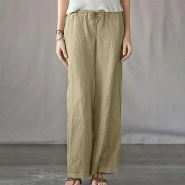 pstuiky Women's Linen Pants, Women's Spring and Solid Color Elastic Waist Cotton Linen Versatile Straight Tube Casual Wide Leg Pants Work Pants Women Juniors Plus Pants Clearance Sale