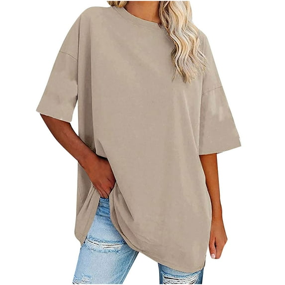 pstuiky Women's Solid Loose Half Sleeve Round Neck Cotton Waist Short Sleeve Round Neck Tops