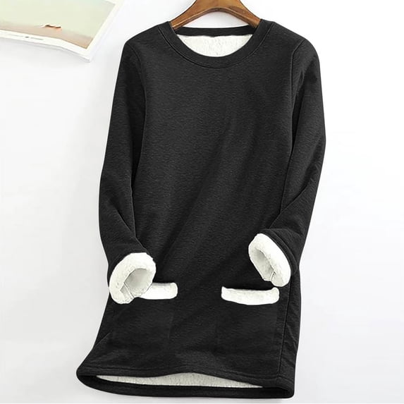 pstuiky Women's Round Neck Pocket Thickened Plush Warm Long Sleeve Tops