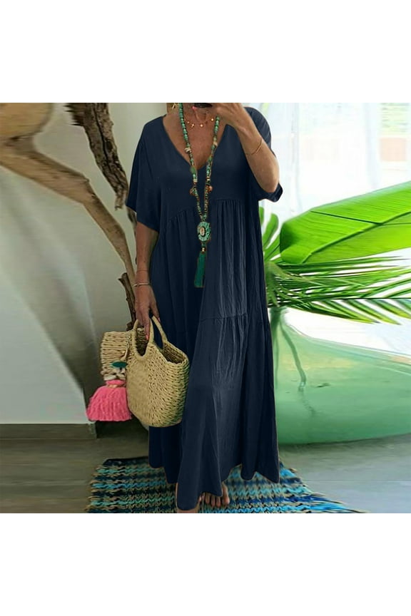 Women's Sundress, Women Summer Plus Size Dress Cotton Linen Loose Dress Short Sleeve V-Neck Dress Ankle Length Dress and Ankle Dress Leisure Dark Blue S