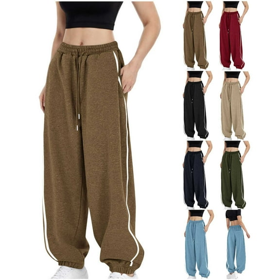 pstuiky Women's Sweatpants, Solid Color Loose Long Drawstring High Waisted Trousers with Pockets Comfy Workout Pants Army Green L