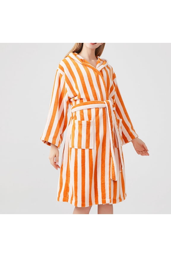 Womens Bath Robe pstuiky Robes for Women, Women Stripes Flannel Gown and Fleece Thick Nightgown Pajamas Bathrobe Loose Home Wear Long Cardigan Bathrobe with Pockets Leisure Woman's Robe