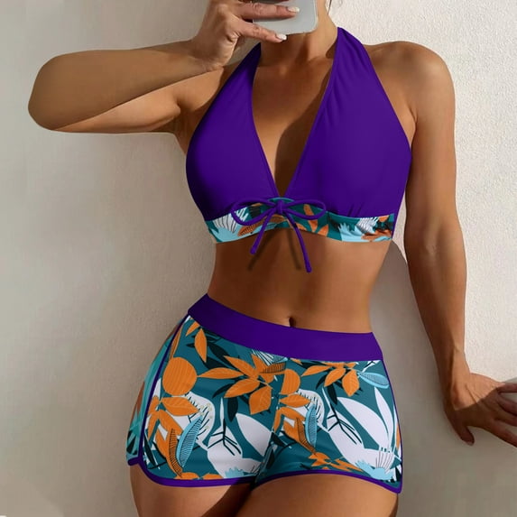 pstuiky Womens Bikini, Women High Waisted Bikini Set with Chest Pad No Underwire Deep V Neck Print Patchwork Swimsuit Two Piece for Summer Beach Pool Purple L
