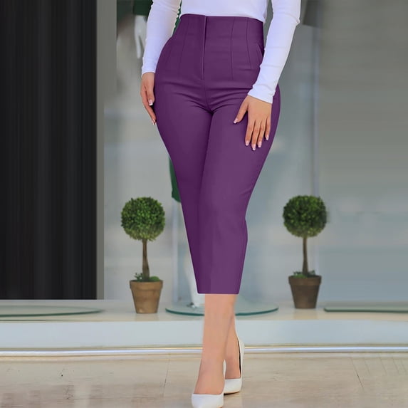 pstuiky Womens Capris, Women Slim Fit Dressy High Waist Cropped Trousers with Pockets Casual Stretch Lightweight Capri Elastic Lounge Pants Summer Cropped Pants for Women Purple L