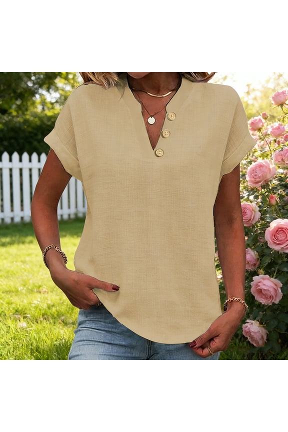 Womens Casual Tops Trendy Short Sleeve Solid Color Fashion Clothing Comfort Loose Fit V-Neck Basic Tshirts Blouses for Women