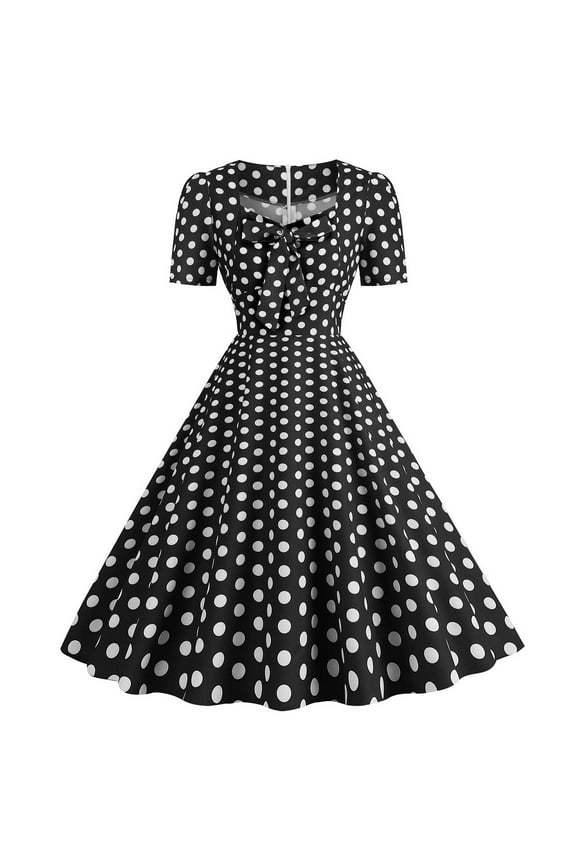 Womens Dresses, Women Plaid Print Dress with Waist Tucked Large Hem Dress Short Sleeve Square Collar Dress Hepburn Style Dress Leisure Black S