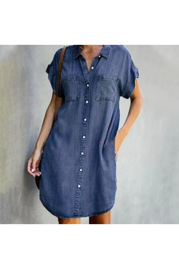 Summer Dresses for Women, Denim Shirt Dress Solid Color Short Sleeve V-Neck Sundresses with Pockets Floor Length Dresses Women's Cocktail Dresses Anniversary Dark Blue XL